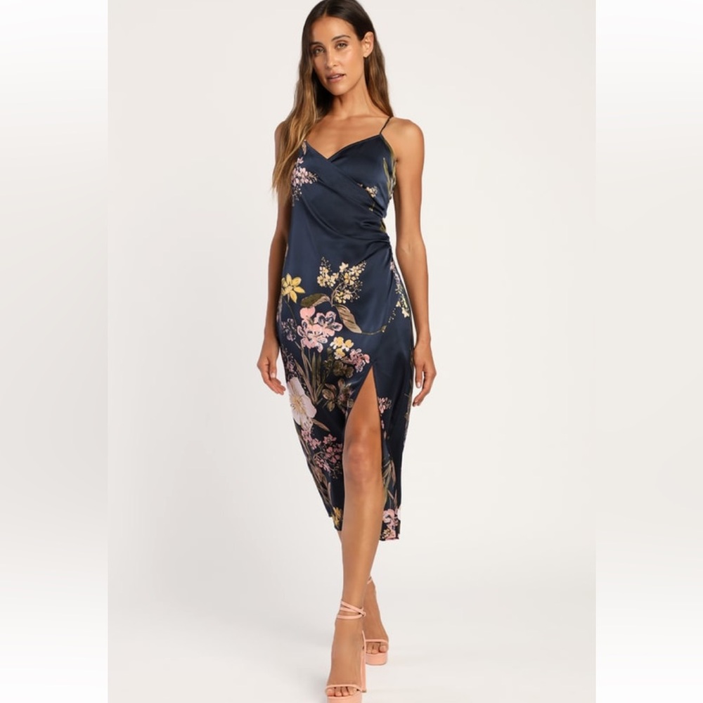 Remarkable Entrance Navy Blue Floral Print Satin Midi Dress